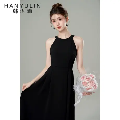 黑色挂脖式连衣裙女夏季2025新款法式高级感气质高端精致无袖裙子图片