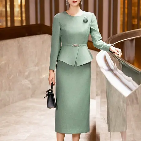 春季连衣裙女2025新款气质假两件时尚端庄大气圆领修身长袖直筒裙图片