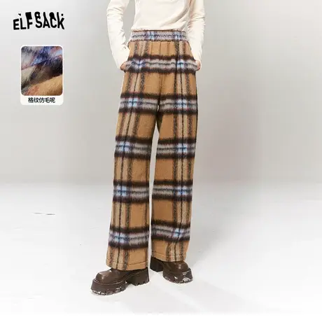 妖精的口袋复古格纹毛呢裤子女2024秋冬新款高腰显直筒休闲长裤图片