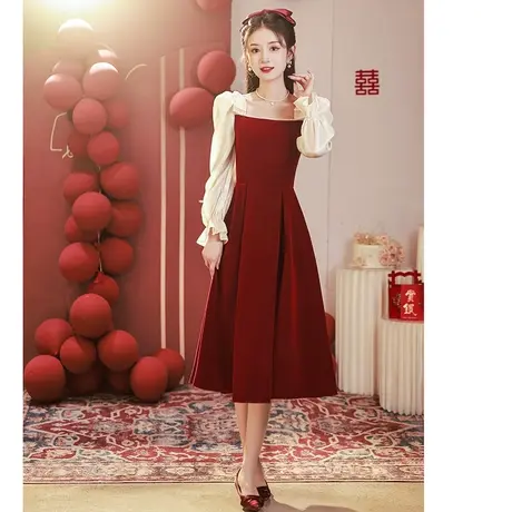 敬酒服新娘2023新款甜美纱袖平时可穿长袖订婚礼服女红色连衣裙图片