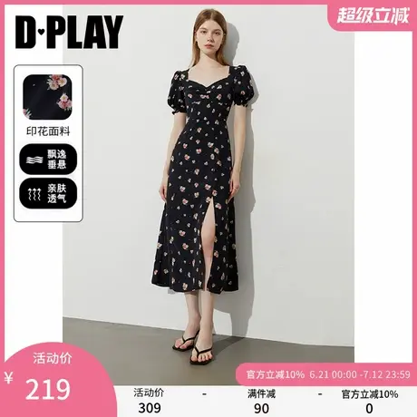 DPLAY2025年夏季新款黑色印花V领连衣裙泡泡袖下摆开叉洋气长裙图片