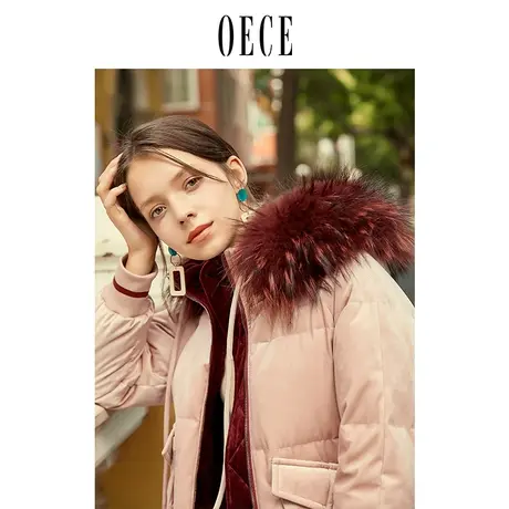 Oece冬装新款女装 大毛领丝绒羽绒服女中长款过膝加厚外套冬图片