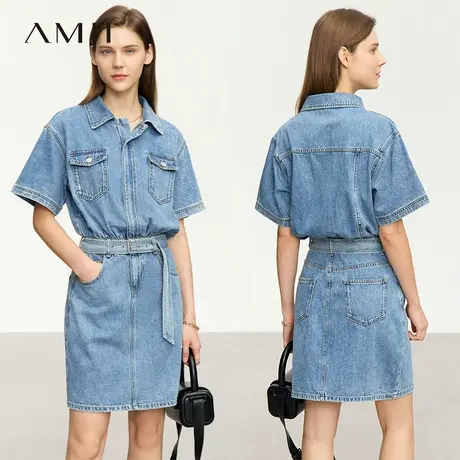 Amii2025夏季新款工装风翻领宽肩配腰带牛仔裙连衣裙女小个子裙子图片