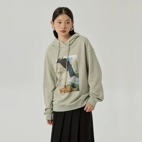 omont蛋挞家 复古印花连帽卫衣女秋冬2023新宽松休闲百搭帽衫上衣图片