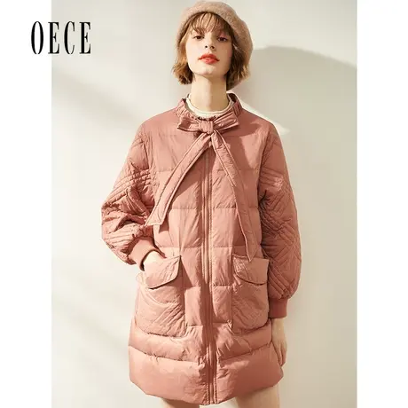 Oece秋冬季新款女装甜美蝴蝶结系带御寒中长款羽绒服图片