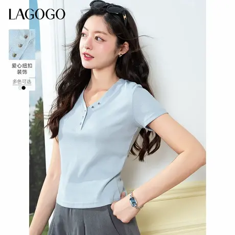 LAGOGO冰丝罗纹V领短袖T恤女拉谷谷2025年夏季新款爱心扣弹力上衣商品大图
