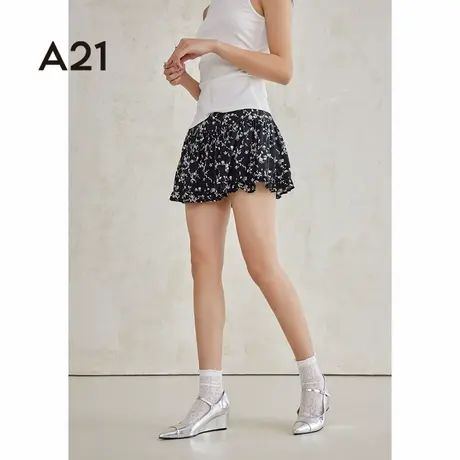 A21女装梭织短裙夏季休闲廓形气质拼色黑白色碎花裙图片