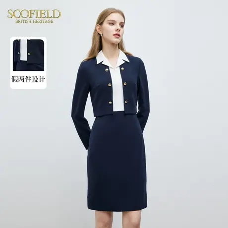 Scofield女装英伦商务通勤撞色翻领连衣裙中长款收腰裙子春季图片