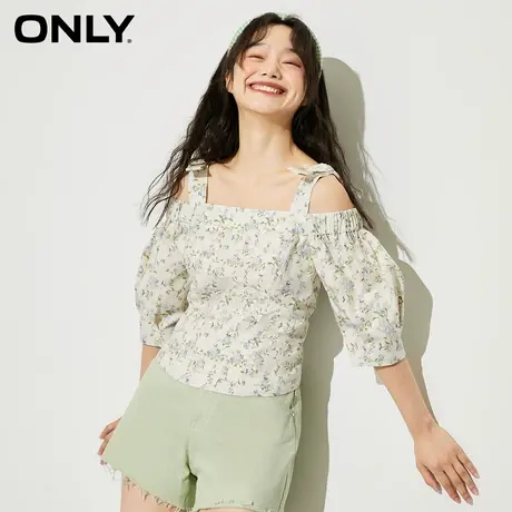 ONLY奥莱夏季甜美短款一字肩碎花七分袖雪纺衫女图片