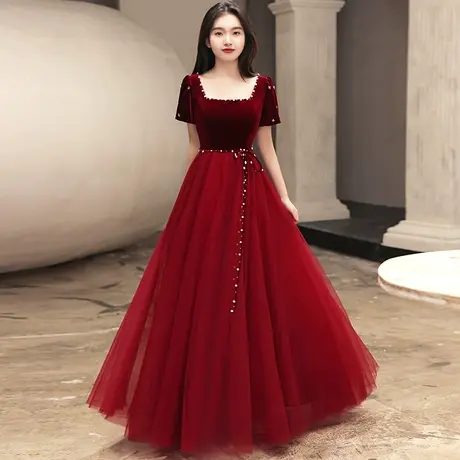 敬酒服新娘2023新款秋冬季结婚订婚回门礼服女酒红色丝绒纱裙夏季图片