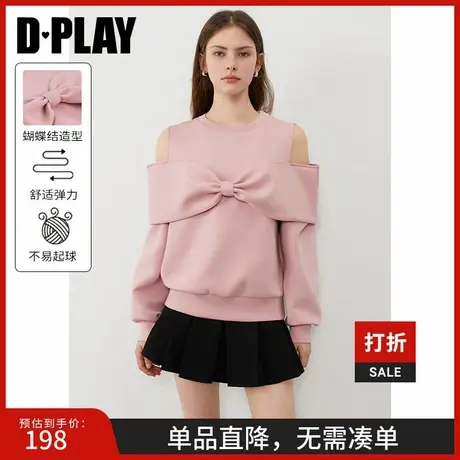 DPLAY2025年春季新款粉色卫衣女时尚慵懒宽松圆领蝴蝶结上衣长袖图片