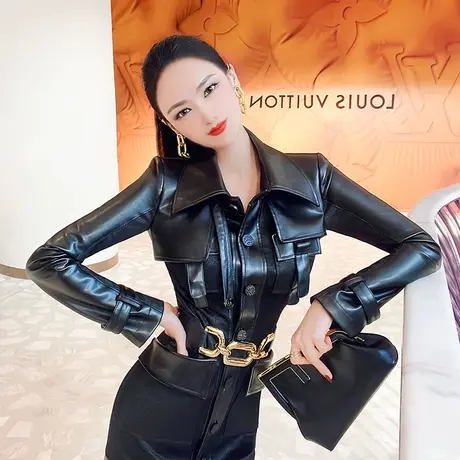 VJE欧美帅气拼皮中长款风衣女新款气质女王范设计感翻领外套图片