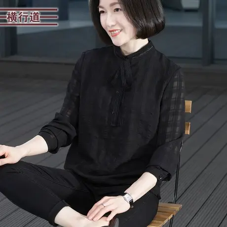 韩版立领飘带雪纺宽松长袖大码中年妈妈装2025春季新款外穿上衣女图片