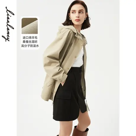 朗姿法式高级感卡其色羊毛风衣通勤大衣2024年春季新款工装风外套图片