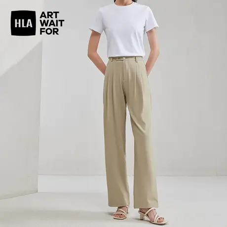 HLA/海澜之家微弹黑色休闲裤夏季新款日常通勤松紧腰阔腿裤子女装图片