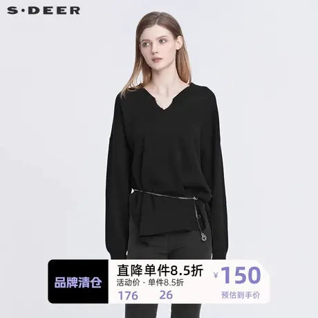 sdeer圣迪奥女装时尚做旧V领罗纹宽松黑色针织衫S22183506图片