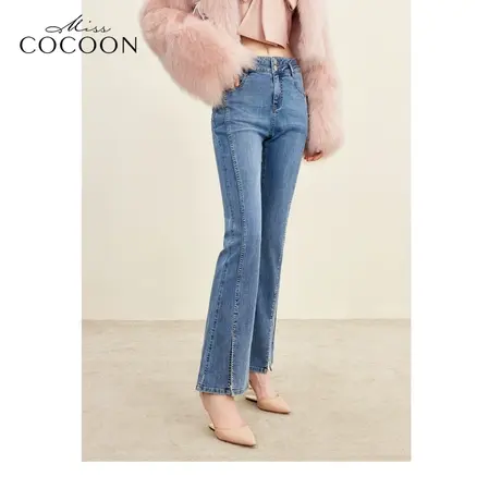 MISSCOCOON千金玛德琳微喇裤2023冬季新女脚口开叉中长款牛仔裤图片