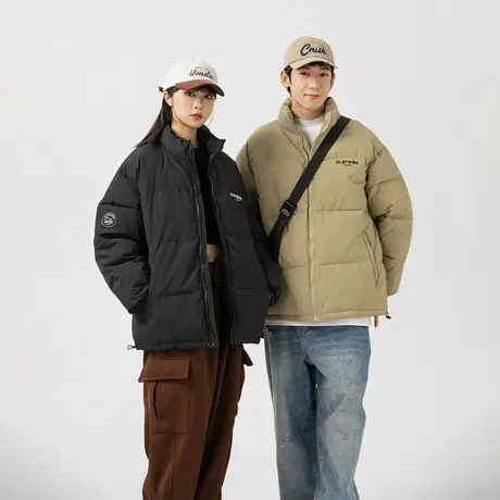 冬季潮牌纯色立领棉服女加厚外套2023新款情侣装保暖复古宽松棉衣图片