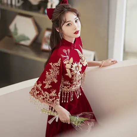 旗袍敬酒服新娘2023新款秋冬季结婚订婚回门礼服中式秀禾服酒红色图片