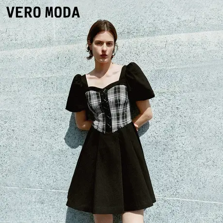 Vero Moda连衣裙夏季牛仔拼接格纹泡泡袖显高方领短裙324242010图片