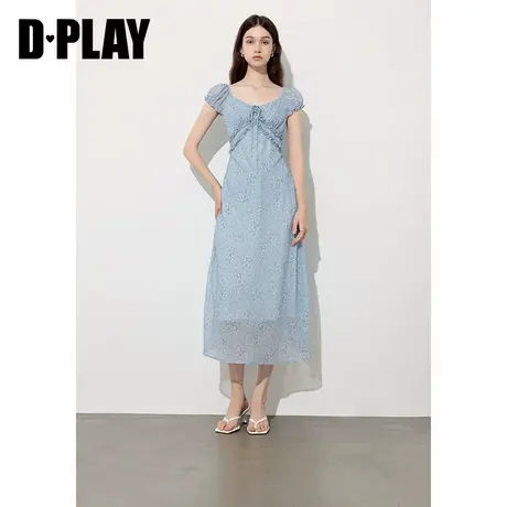 DPLAY2025年夏季新款蓝色印花法式V领包袖木耳边收腰连衣裙女图片