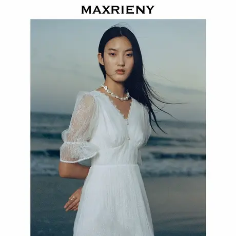 【奥莱】MAXRIENY宫廷浮雕茶歇裙泡泡袖白色仙女连衣裙图片