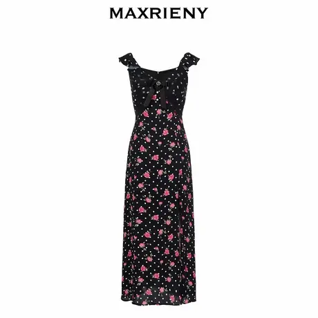 【奥莱】MAXRIENY黑底粉花飞飞袖吊带连衣裙图片