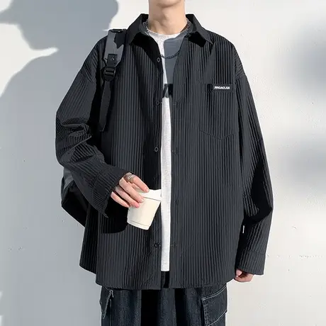 华夫格衬衫外套男士春秋季2023新款潮牌休闲宽松大码男生长袖衬衣图片