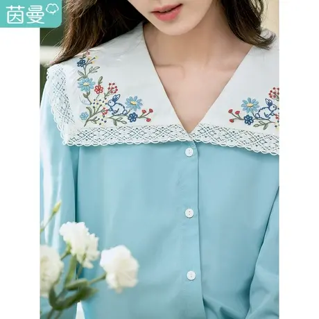 茵曼浅蓝衬衫女春季2023新款文艺刺绣撞色花边翻领宽松舒适衬衣服图片
