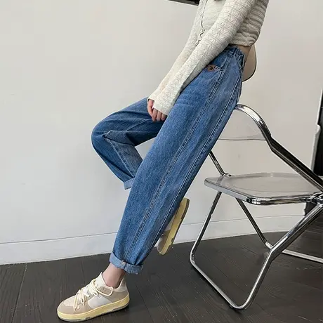 牛仔裤女高腰春秋2024新款宽松直筒显瘦卷边哈伦九分萝卜老爹裤子图片