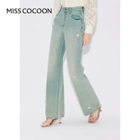 MISSCOCOON【漫拾光旅】24春新款重工烫钻水洗做旧阔腿拖地牛仔裤图片