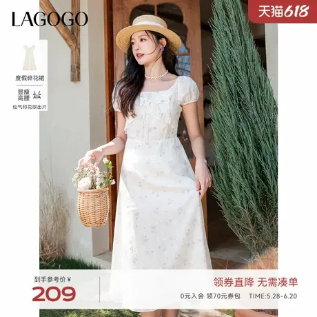 LAGOGO温柔气质修身连衣裙女拉谷谷2025夏季新款泡泡袖绝美裙子图片