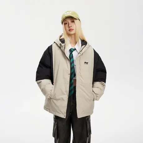 潮牌复古拼接连帽棉服女冬季加厚外套2023年新款宽松oversize棉衣图片