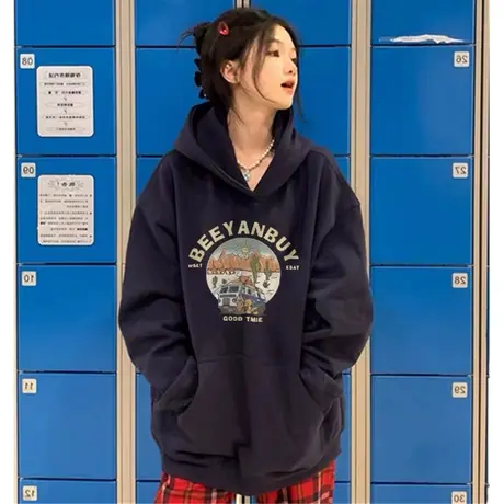 美式复古hiphop卫衣女2023春秋薄款oversize慵懒风连帽小个子外套图片