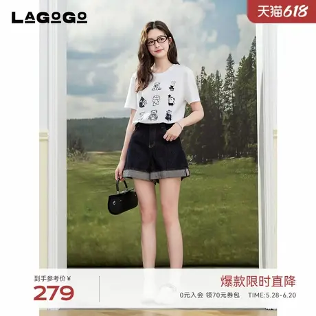 LAGOGO复古休闲高腰显瘦短裤女拉谷谷2025夏新款翻边设计感牛仔裤图片