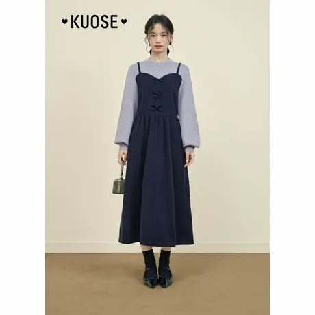 阔色假两件吊带针织连衣裙女2024秋冬季新款深蓝色蝴蝶结长裙子图片