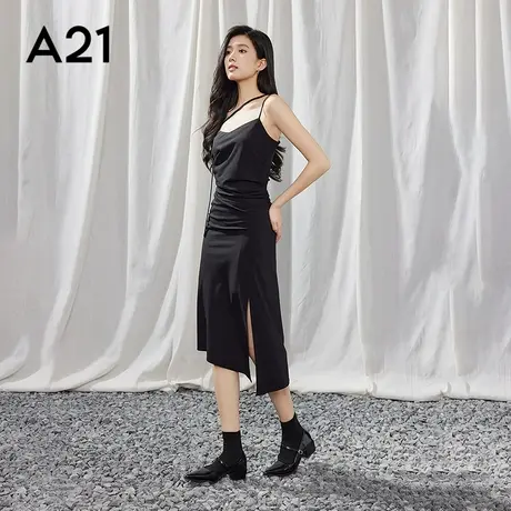 A21女装吊带连衣裙格子V领长裙修腰显瘦小黑裙图片