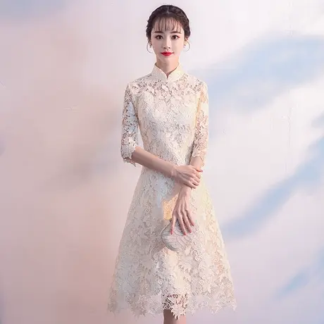 香槟色气质小晚礼服女2023新款生日宴会平时可穿连衣裙伴娘服蕾丝图片