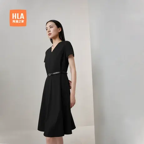 HLA/海澜之家时尚V领连衣裙2024春夏新款收腰显瘦通勤裙子女装图片