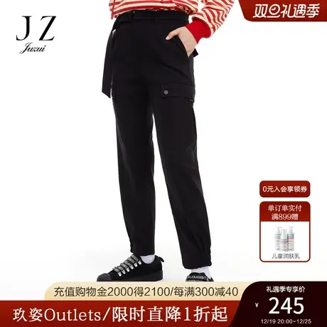 JZ玖姿奥莱春季时尚经典舒适通勤自然腰工装风素黑直筒裤长女图片