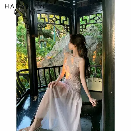 韩语琳 复古新中式紫色连衣裙女2025夏新款独特拼接薄纱气质长裙图片
