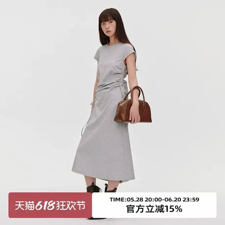 omont蛋挞家气质圆领短袖连衣裙2025春抽绳设计收腰显瘦灰色长裙图片