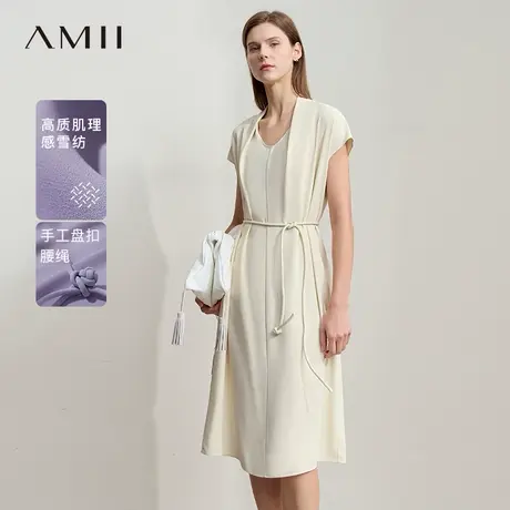 Amii2025夏新款高级通勤盘扣腰绳雪纺裙连衣裙女连肩盖袖小黑裙子图片