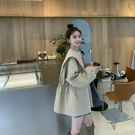 宽松短款风衣外套女春秋小个子卡其色2025娃娃领秋款减龄新款大码图片