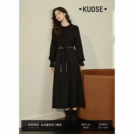 阔色黑色针织毛衣长袖连衣裙女2024秋冬新款收腰泡泡袖长裙子图片