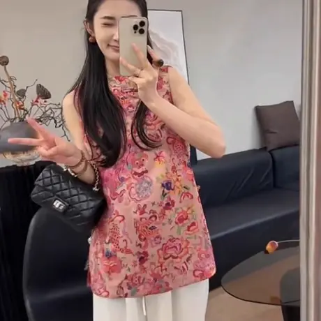 国风盘扣衬衫马甲女2025夏季新款老钱风背心裙提花中长款上衣无袖图片