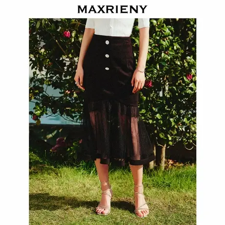 【奥莱】MAXRIENY复古感鱼尾裙荷叶网纱拼接高腰包臀半裙图片