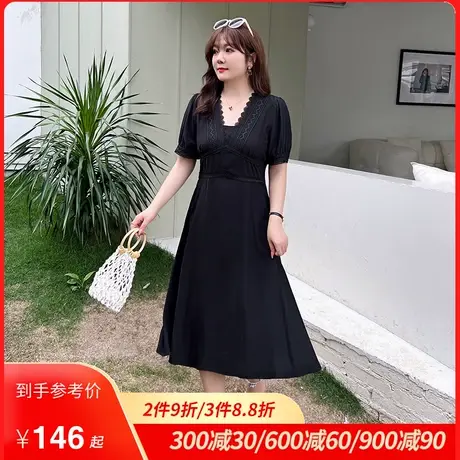 法式V领蕾丝花边收腰a字显瘦黑色长裙大码胖MM连衣裙2023夏季新款图片