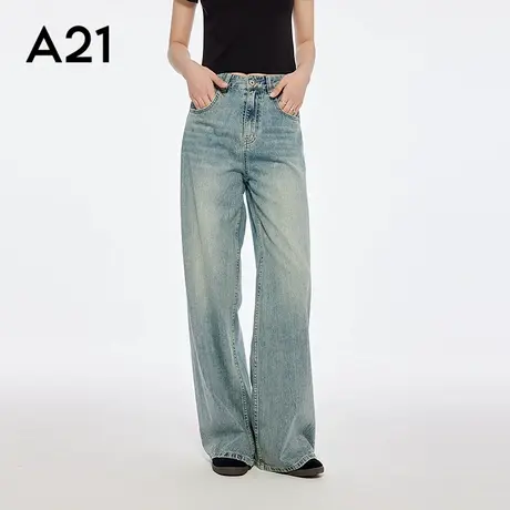 A21女装天蓝色宽松显瘦阔腿裤小个子长裤无弹牛仔裤时尚休闲图片