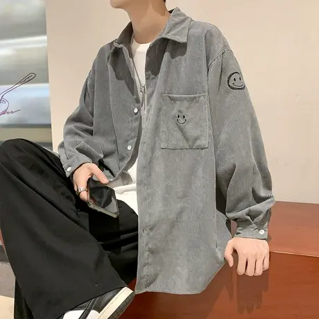 秋冬季笑脸印花长袖衬衫男港风ins日系宽松衬衣休闲潮流翻领外套图片